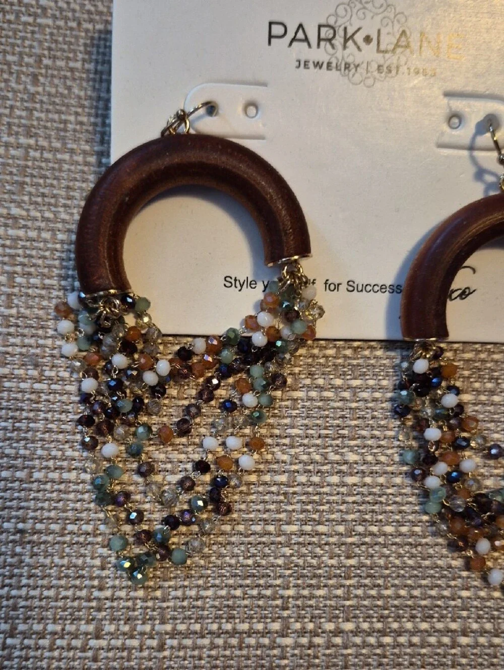 Park Lane Brown Wood Hoop Earrings with Multicolor Beaded Strands - Picture 2 of 2
